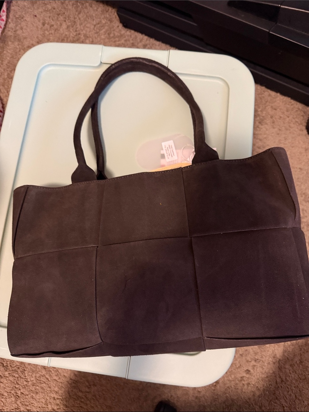 Woven Panel Dark Brown Suede Tote - Everyday Carry - Picture 3 of 8